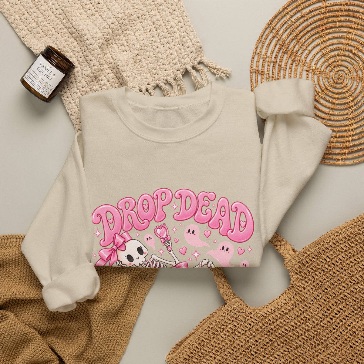 Drop Dead Gorgeous Halloween Sweatshirt | Pink Coquette Skeleton Crewneck