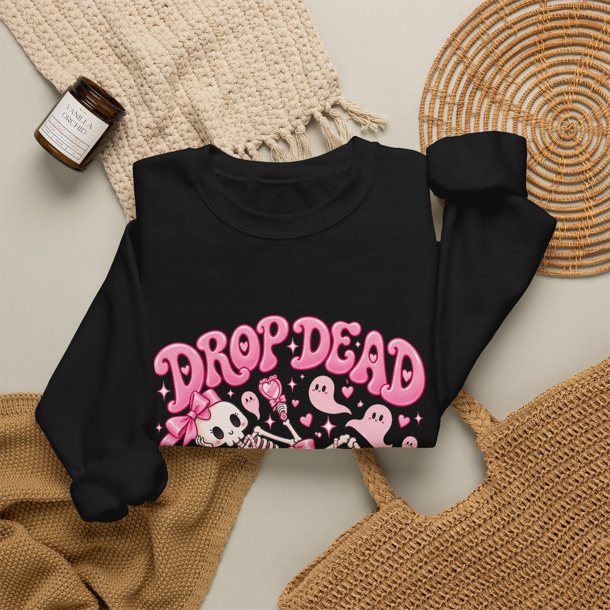 Drop Dead Gorgeous Halloween Sweatshirt | Pink Coquette Skeleton Crewneck