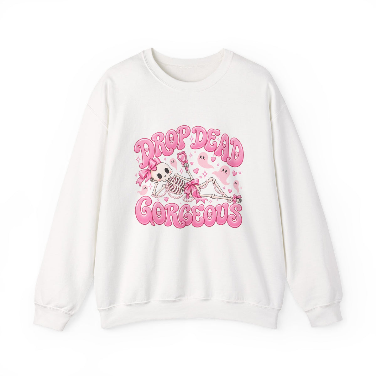 Drop Dead Gorgeous Halloween Sweatshirt | Pink Coquette Skeleton Crewneck