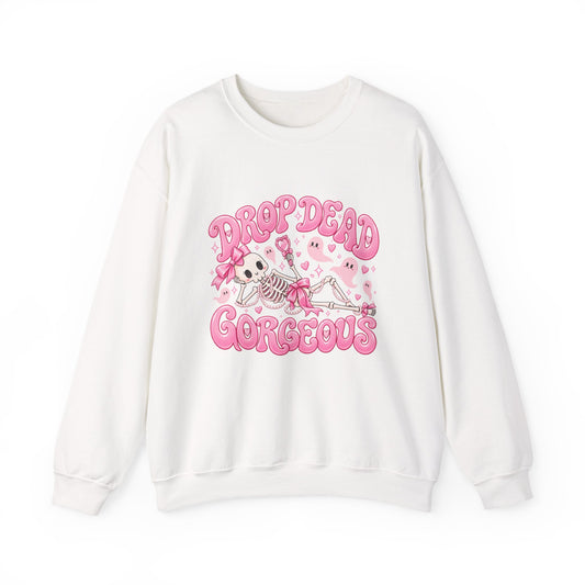 Drop Dead Gorgeous Halloween Sweatshirt | Pink Coquette Skeleton Crewneck