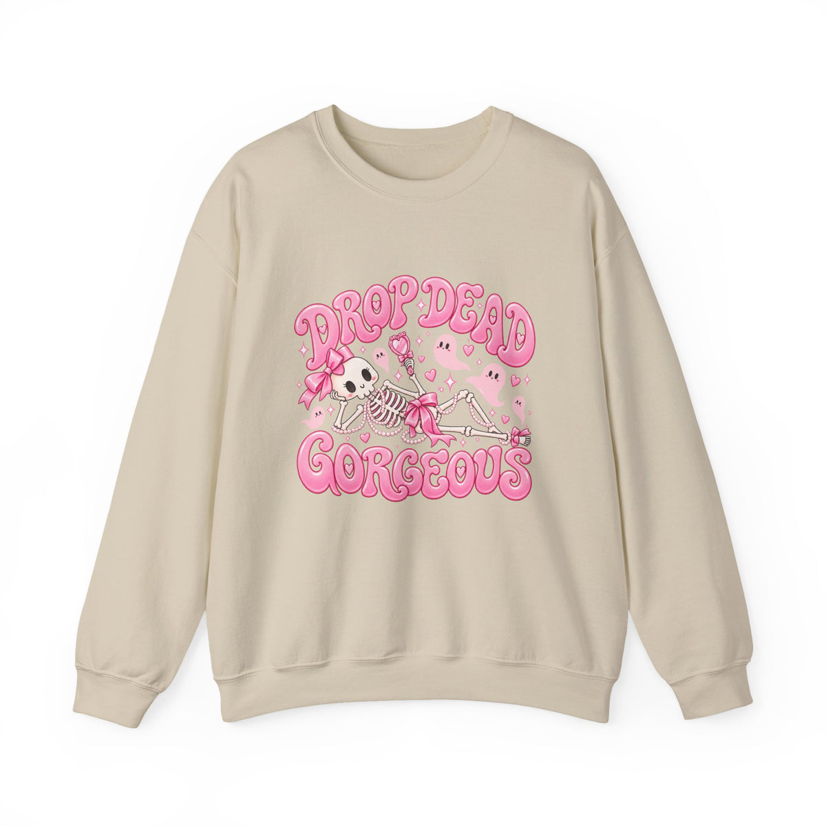Drop Dead Gorgeous Halloween Sweatshirt | Pink Coquette Skeleton Crewneck