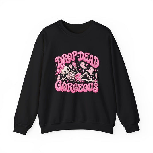 Drop Dead Gorgeous Halloween Sweatshirt | Pink Coquette Skeleton Crewneck