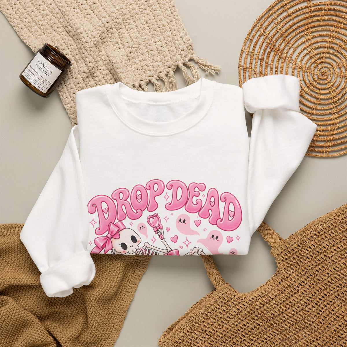 Drop Dead Gorgeous Halloween Sweatshirt | Pink Coquette Skeleton Crewneck