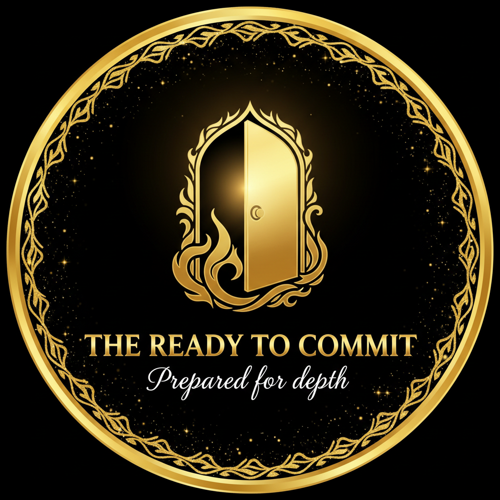 "A round badge with a golden open door or golden flame icon inside. Deep black background, subtle gold dust. Gold serif title: 'THE READY TO COMMIT. Soft white subtitle: 'Prepared for depth’. Regal and sacred aesthetic