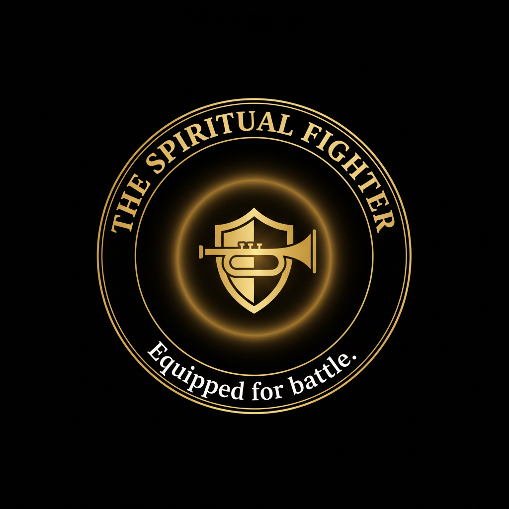 "A round badge with a minimal warrior shield or trumpet icon glowing gold. Deep black background. Gold serif title: 'THE SPIRITUAL FIGHTER’. Soft white subtitle: 'Equipped for battle.' Prophetic, bold design.”