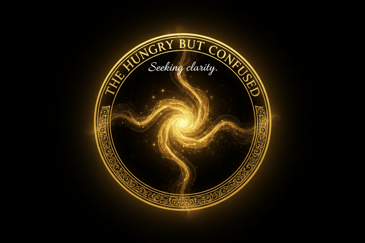 “A round badge with swirling golden mist inside the circle, symbolizing tangled thoughts clearing. Deep black background, gold glow. Gold serif title: ‘THE HUNGRY BUT CONFUSED’. Soft white subtitle: ‘Seeking clarity.’ Elegant and spiritual.”